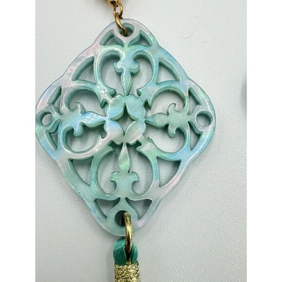 Aqua Teal Lightweight Gold Tone Boho Scroll Faux Pearl Dangle Fringe Earrings - Picture 4 of 8